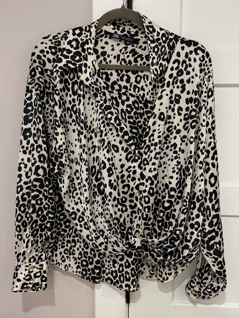 Zara Black and White Leopard-Print Wrap Blouse